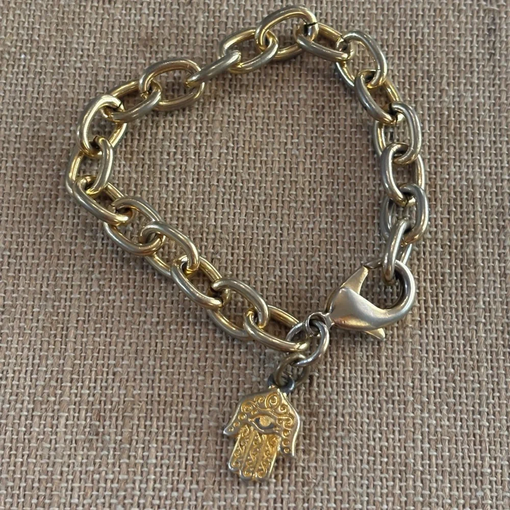 Mixed Metal Charm Bracelet With Hamsa Hand Charm 7.5”